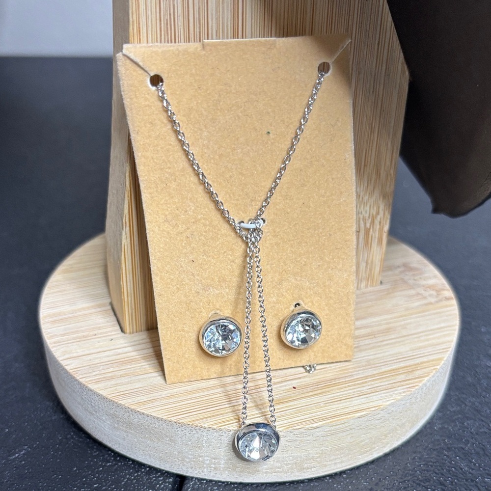 Rachel Roy Dainty Rhinestone Silver Tone Set Necklace Earrings
